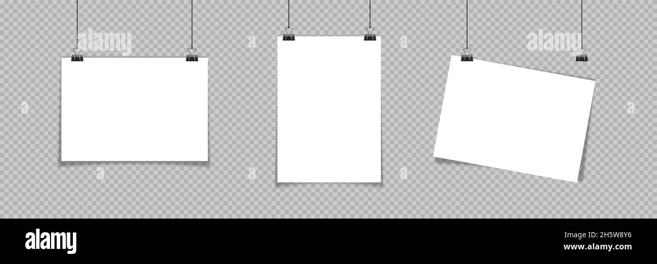 Paper hanging. Mock up set A4 blank form, poster on clip. Vector illustration with shadow on transparent background Stock Vector