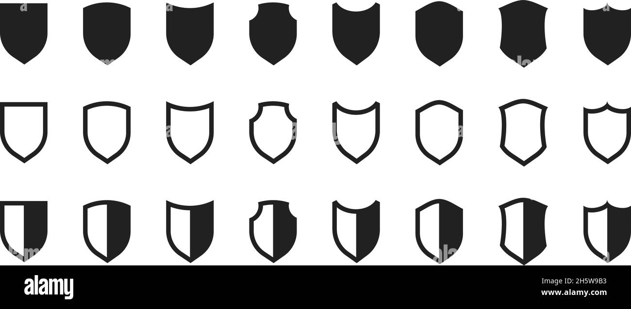 Shield black icons set. Vector isollaed safety protect icon Stock Vector