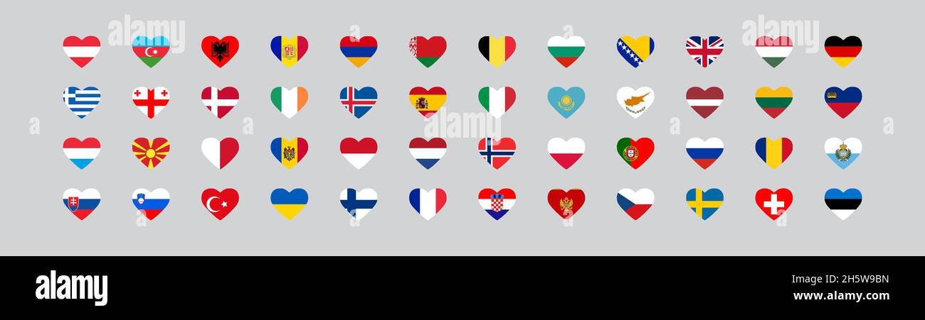 European country flag in heart. 48 national flags. Vector set isolated icons Stock Vector