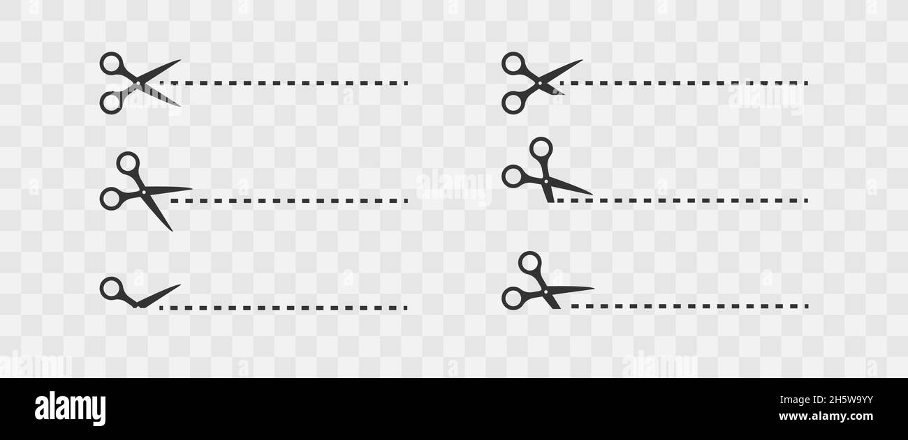 Scissors cut line set black icon on transparent background. Vector