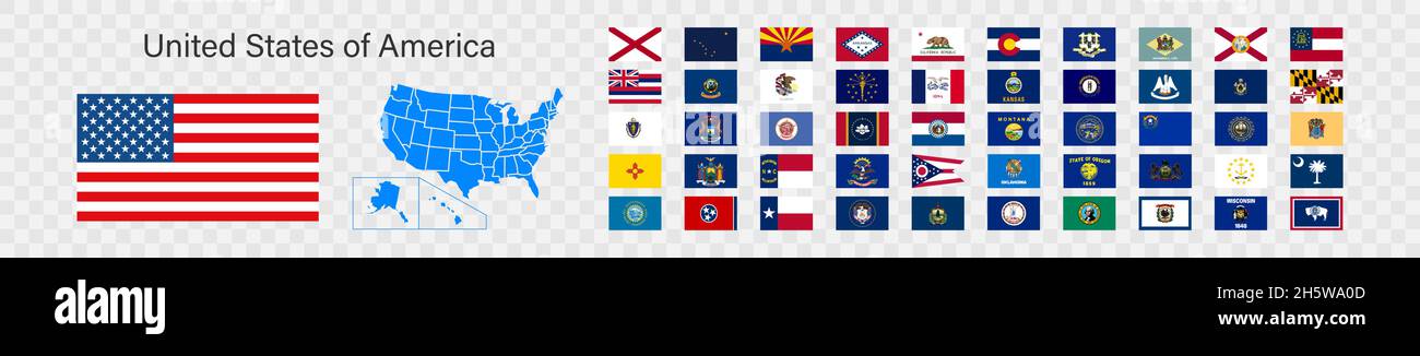 State flags of United States of America set icon and map. Regions flag vector illustration Stock Vector