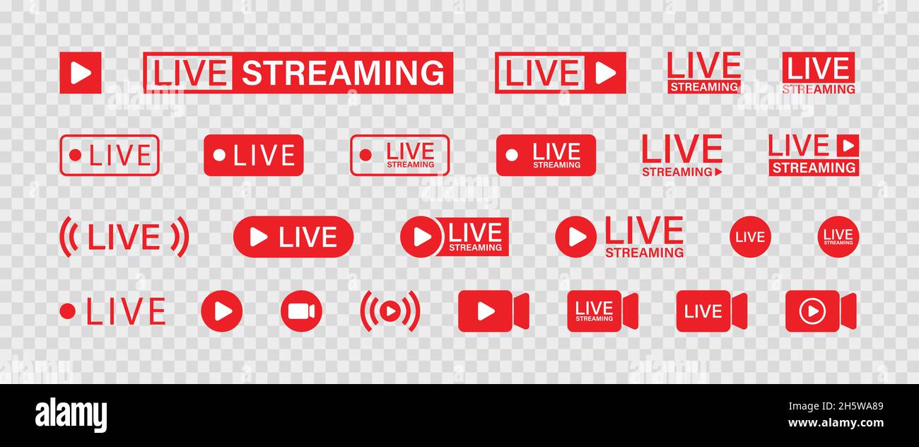 Live streaming set red icons. Play button icon vector illustration. Stock Vector