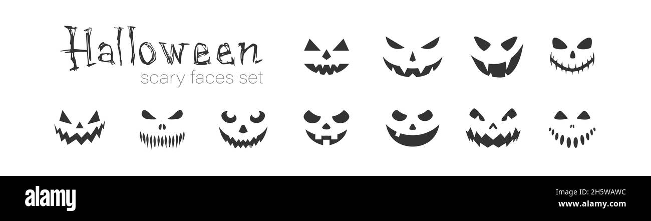 Scary faces set icons. Halloween pumpkins face silhouettes. Vector flat ...