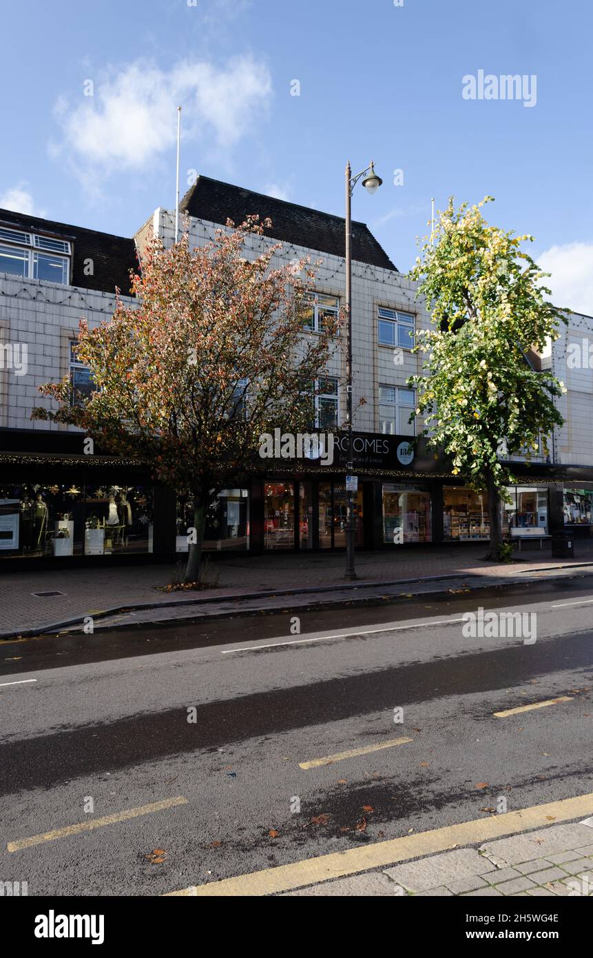 The shops and apartments along station road in Upminster, London, UK