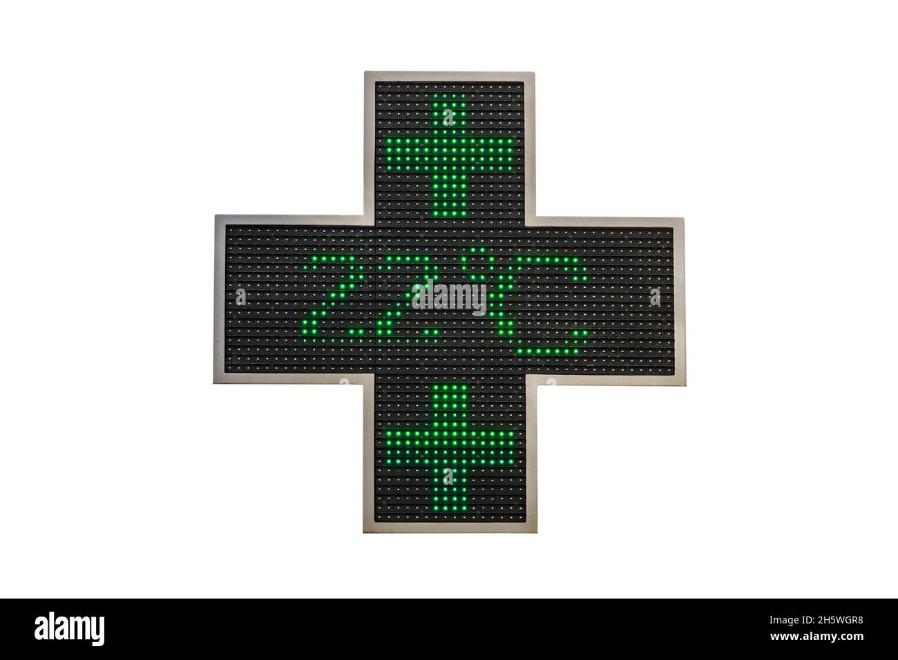 Electronic green pharmacy cross with the temperature indication in celsius degrees isolated on white background Stock Photo
