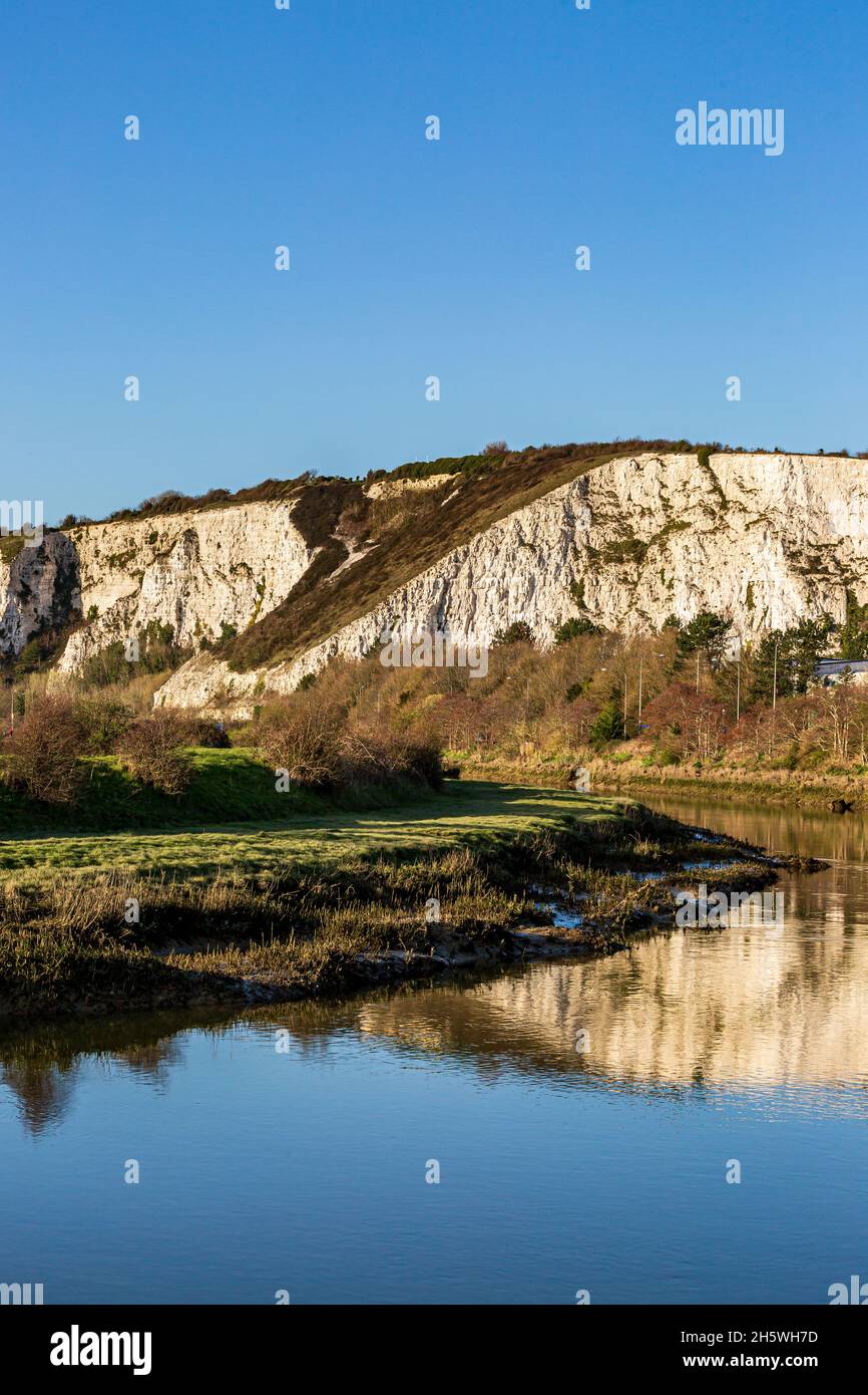 Chalk cliffs reflecting in the River Ouse in Lewes, East Sussex Stock
