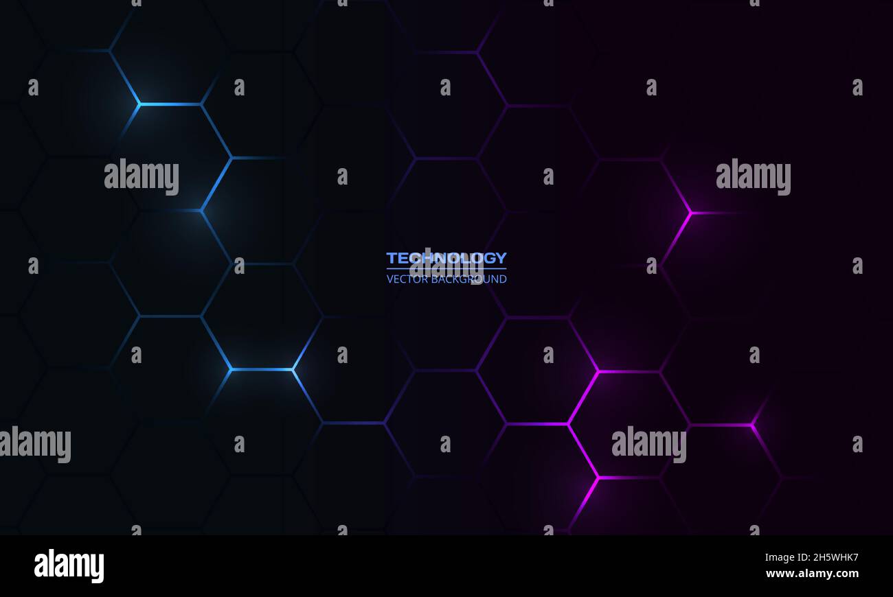 Dark hexagon abstract technology background with blue and pink colored ...