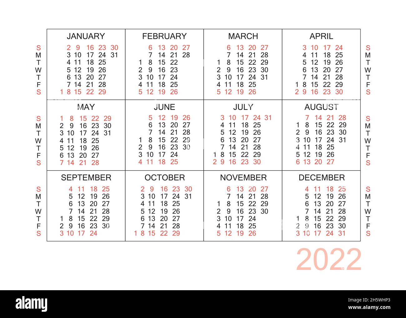 Horizontal calendar for 2022 year. Simple calendar grid isolated on a ...