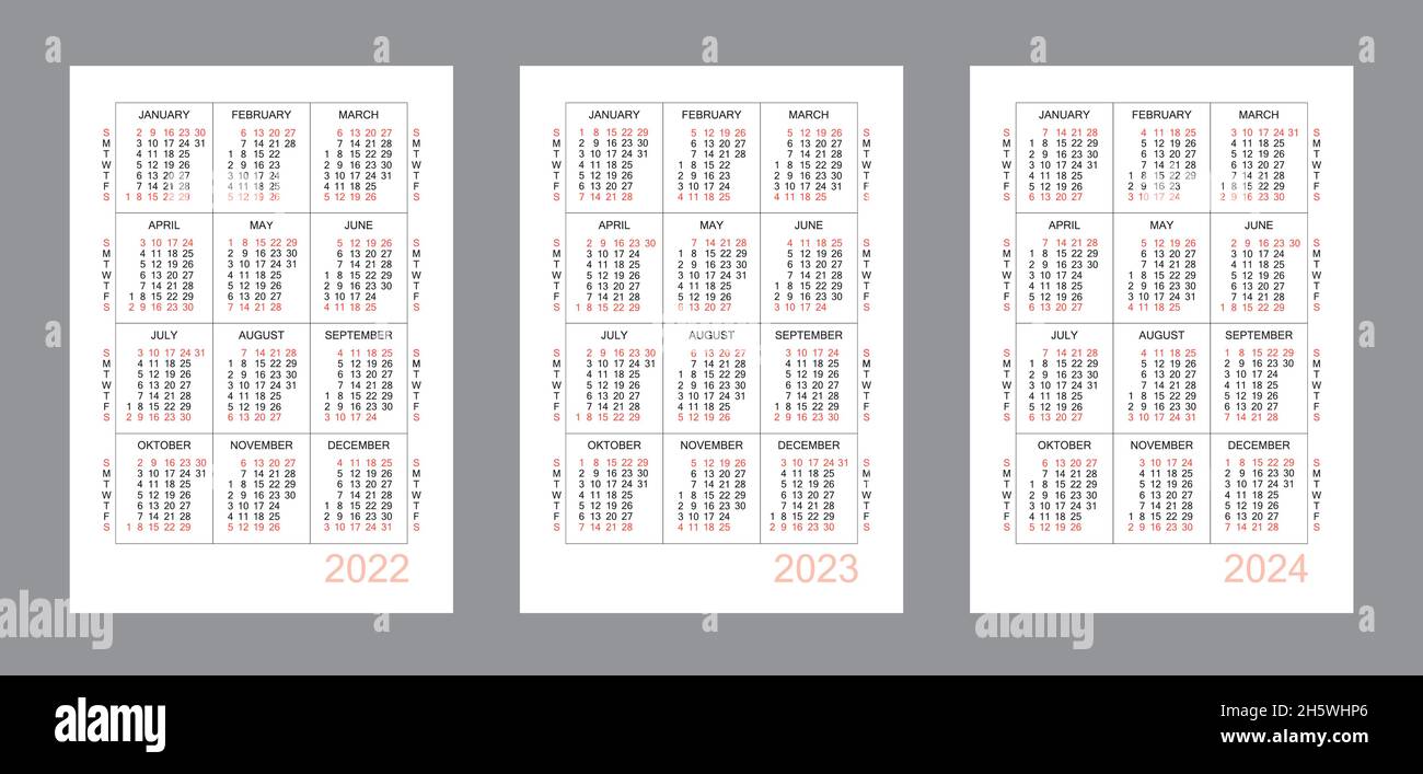 Vertical calendar for 3 years - 2022, 2023, 2024. Simple calendar grid ...
