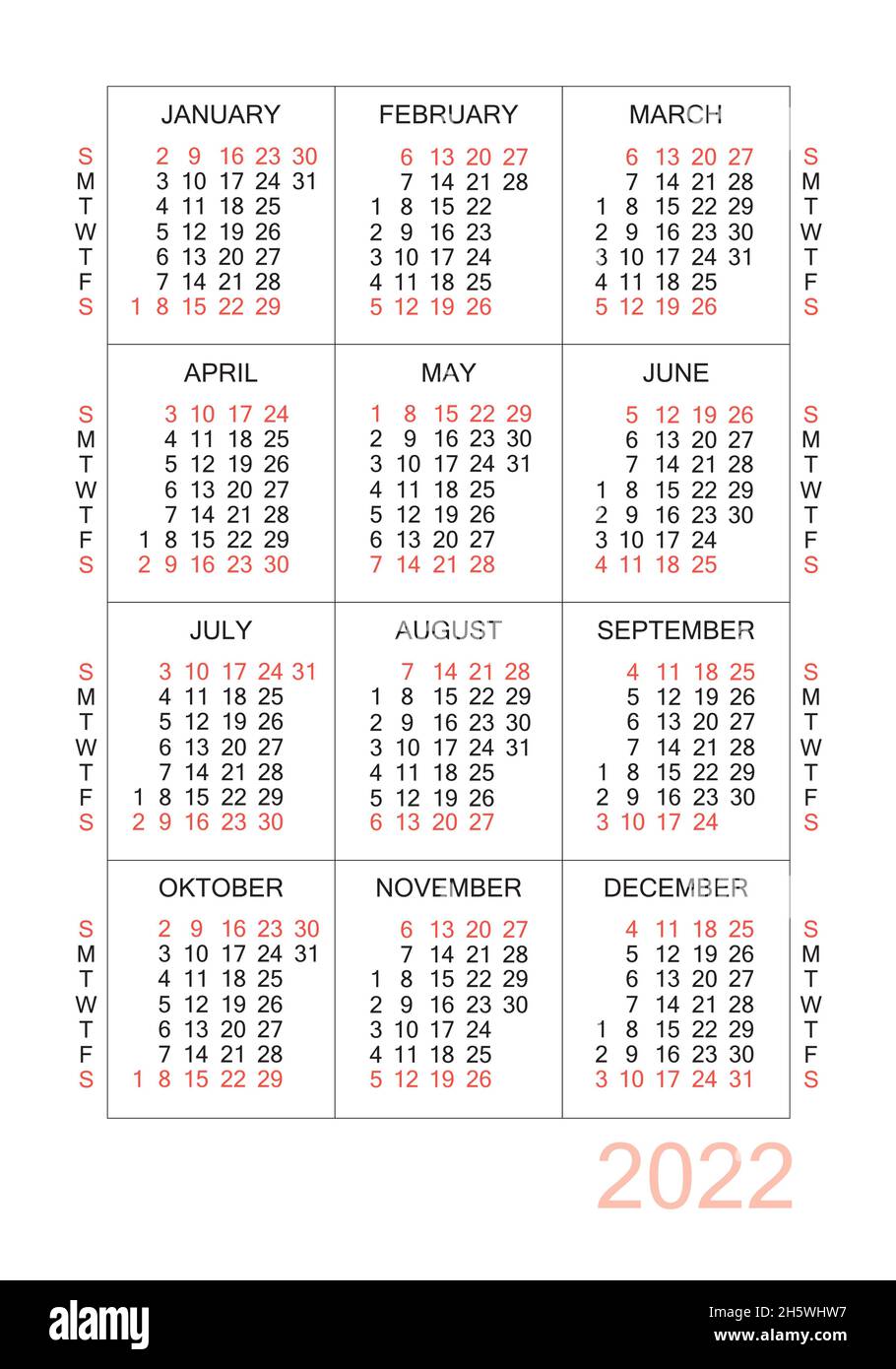 Vertical calendar for 2022 year. Simple calendar grid isolated on a ...