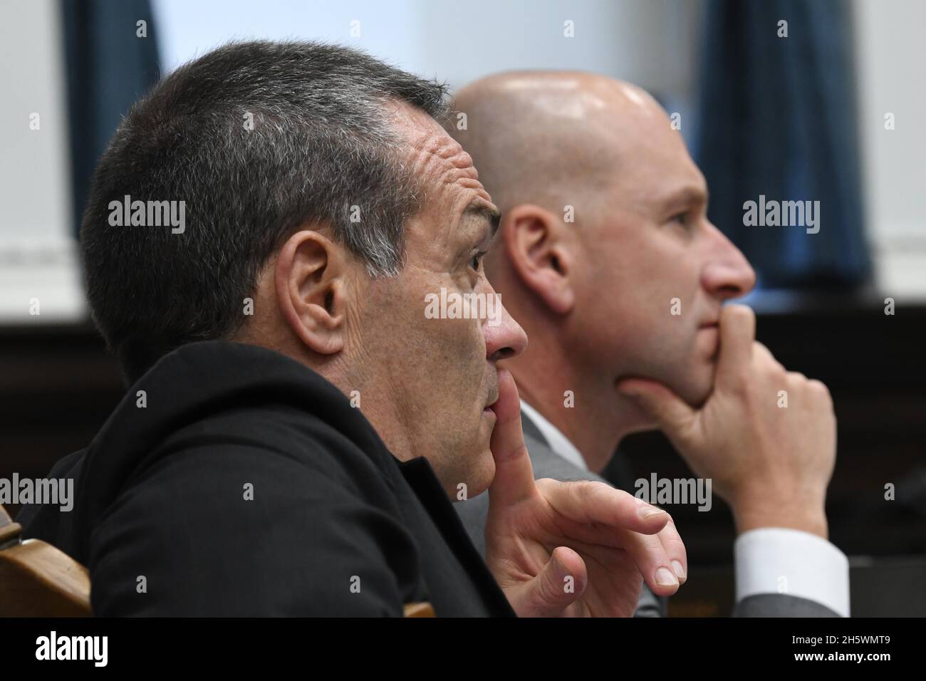 Kenosha, Wisconsin, USA. 11th Nov, 2021. Defense attorneys MARK RICHARDS left and COREY CHIRAFISI listen as defense witness Frank Hernandez is cross examined during trial in Kenosha (Wisconsin) Circuit Court Thursday November 11, 2021. Rittenhouse faces six charges including one count each of First Degree Intentional Homicide, First Degree Reckless Homicide, and Attempted First Degree Intentional Homicide. Rittenhouse, then 17, shot three people, two of them fatally during the unrest that followed the shooting of Jacob Blake seven times by a Kenosha police officer. (Credit Image: © Mark Her Stock Photo