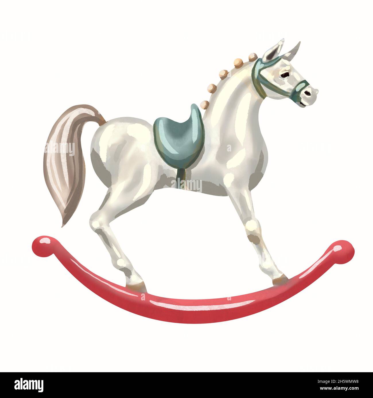 watercolor Christmas tree toy white horse. Children's Toy Swing Horse Stock Photo