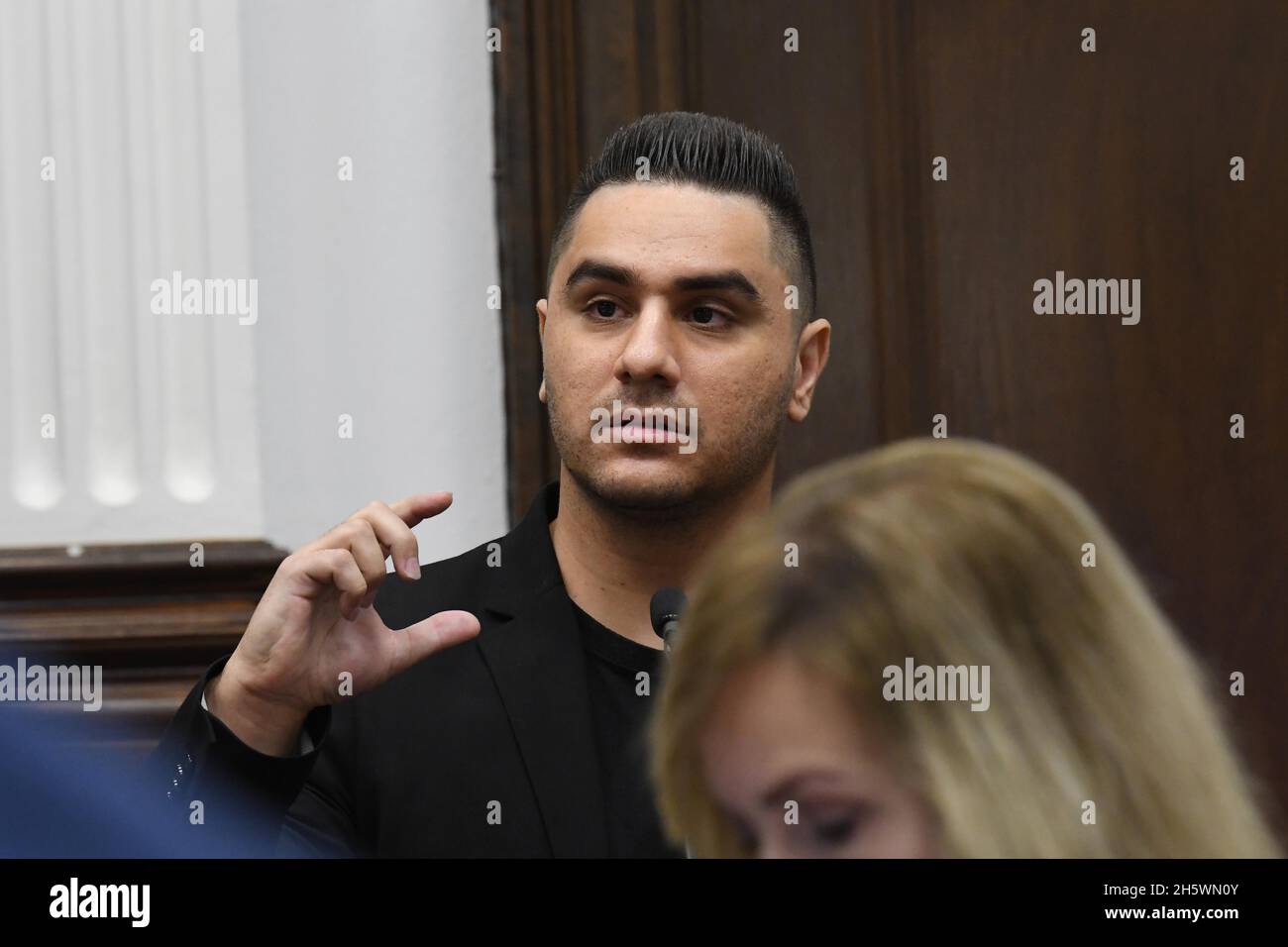 Kenosha, Wisconsin, USA. 11th Nov, 2021. Defense witness FRANK HERNANDEZ testifies about his body cam when he is cross examined during trial in Kenosha (Wisconsin) Circuit Court Thursday November 11, 2021. Rittenhouse faces six charges including one count each of First Degree Intentional Homicide, First Degree Reckless Homicide, and Attempted First Degree Intentional Homicide. Rittenhouse, then 17, shot three people, two of them fatally during the unrest that followed the shooting of Jacob Blake seven times by a Kenosha police officer. (Credit Image: © Mark Hertzberg/ZUMA Press Wire) Stock Photo