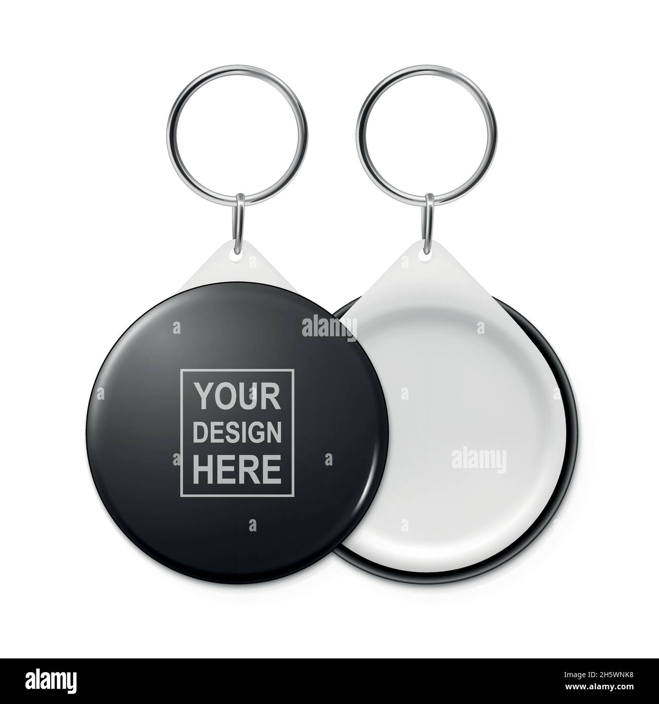 Vector 3d Realistic Blank Black Round Keychain with Ring and Chain for