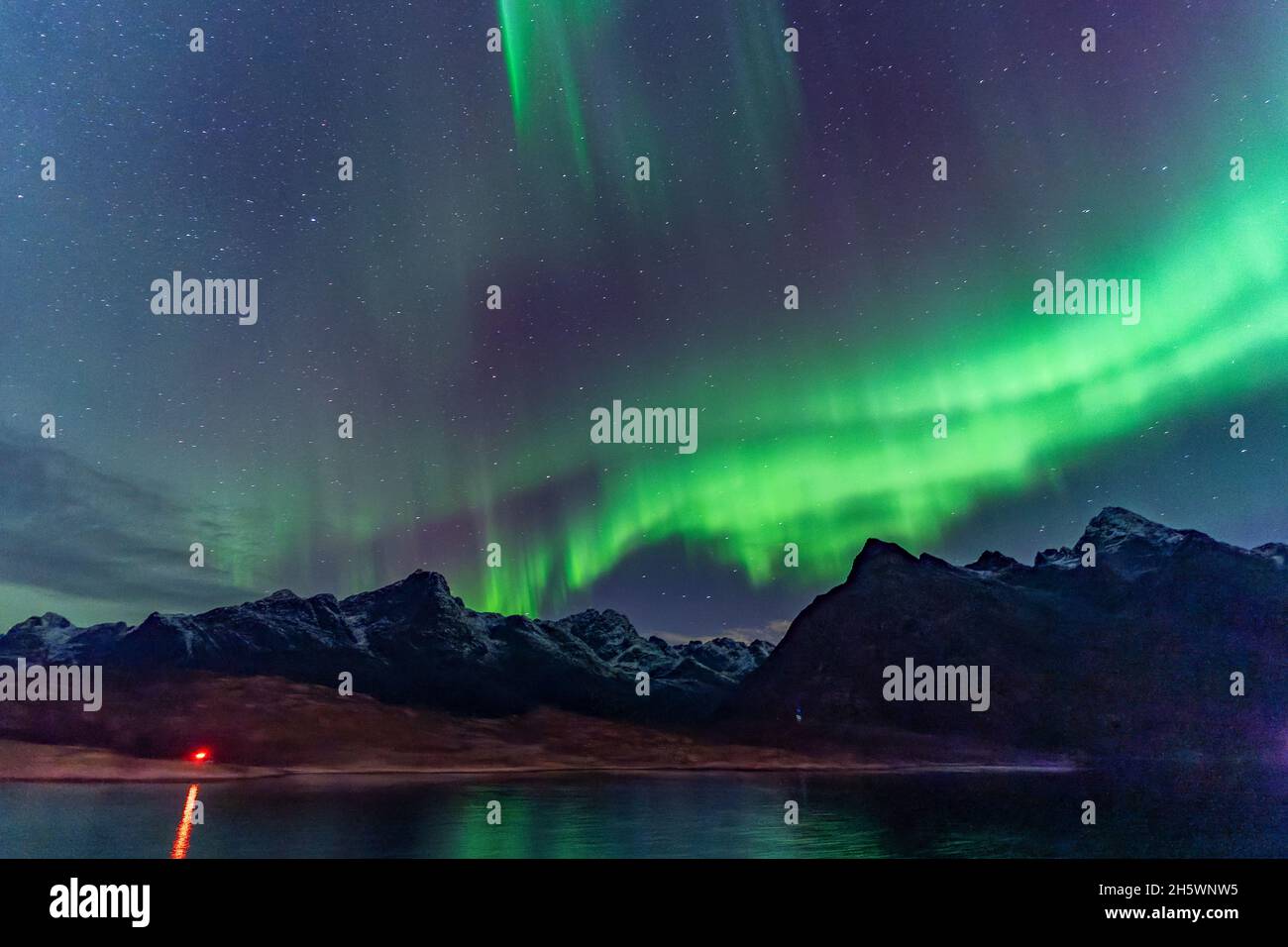 wunderbare Nordlichter in den Lofoten. über den Bergen tanzt die Aurora Borealis und spiegelt