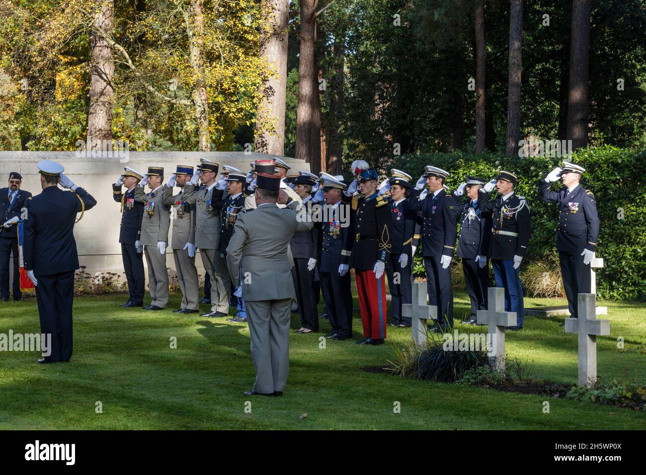 The French Forces ceremony to commemorate Remembrance Day at Brookwood Military Cemetery ion 11th November 2021 Stock Photo