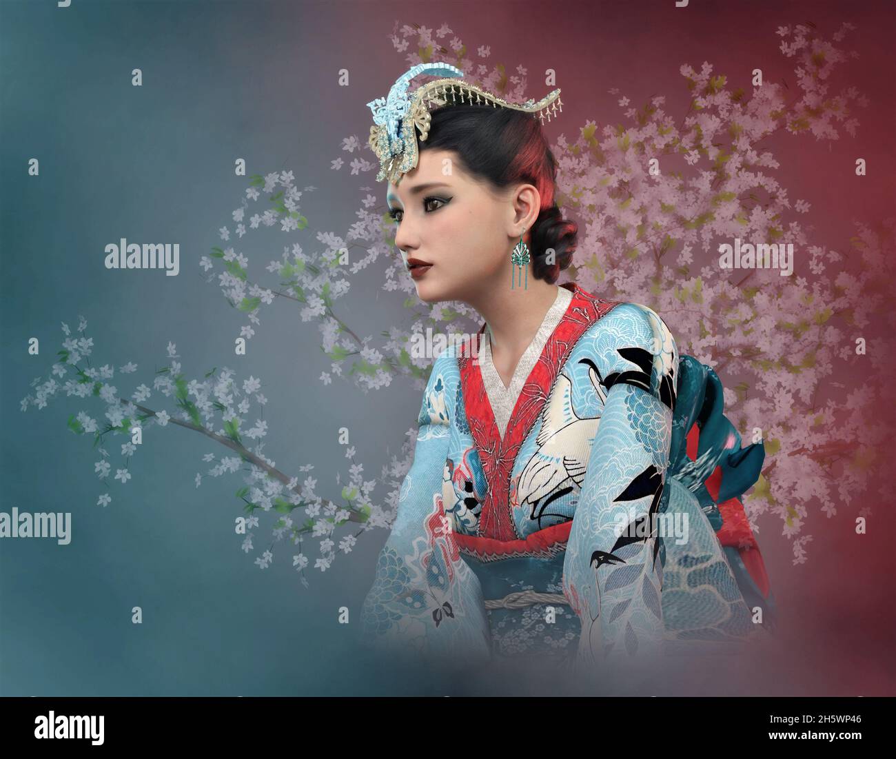 3d computer graphics of a girl with kimono and cherry blossom in the background Stock Photo