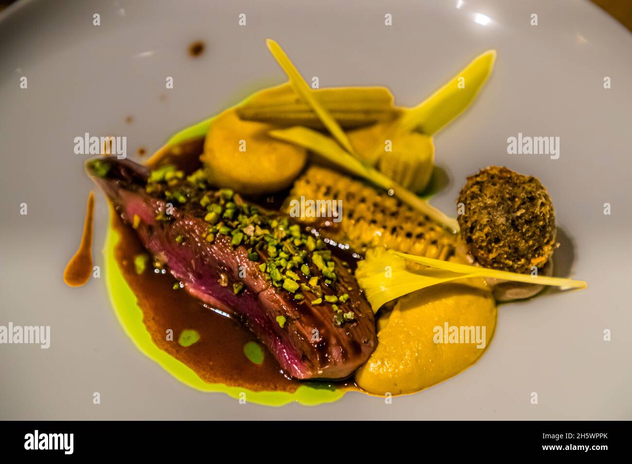 Wild duck with variations of corn at restaurant Cepes in Otterlo, Netherlands Stock Photo