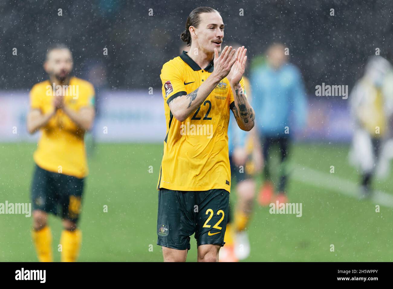 Sydney, Australia. 11th Nov, 2021. JACKSON IRVINE of the Australian Socceroos thanks the crowd after the World Cup Qualifier football match between Australia Socceroos and Saudi Arabia on November 11, 2021 at CommBank Stadium in Sydney, Australia Credit: IOIO IMAGES/Alamy Live News Stock Photo