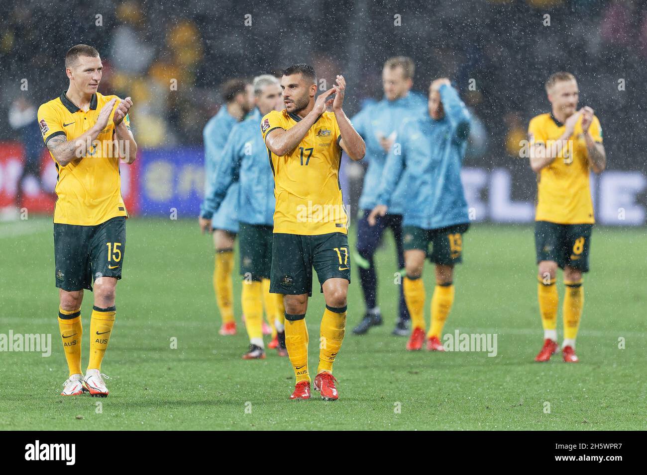 Sydney, Australia. 11th Nov, 2021. MITCHELL DUKE, ANDREW NABBOUT and JAMES JEGGO of the Australian Socceroos thanks the crowd after the World Cup Qualifier football match between Australia Socceroos and Saudi Arabia on November 11, 2021 at CommBank Stadium in Sydney, Australia Credit: IOIO IMAGES/Alamy Live News Stock Photo