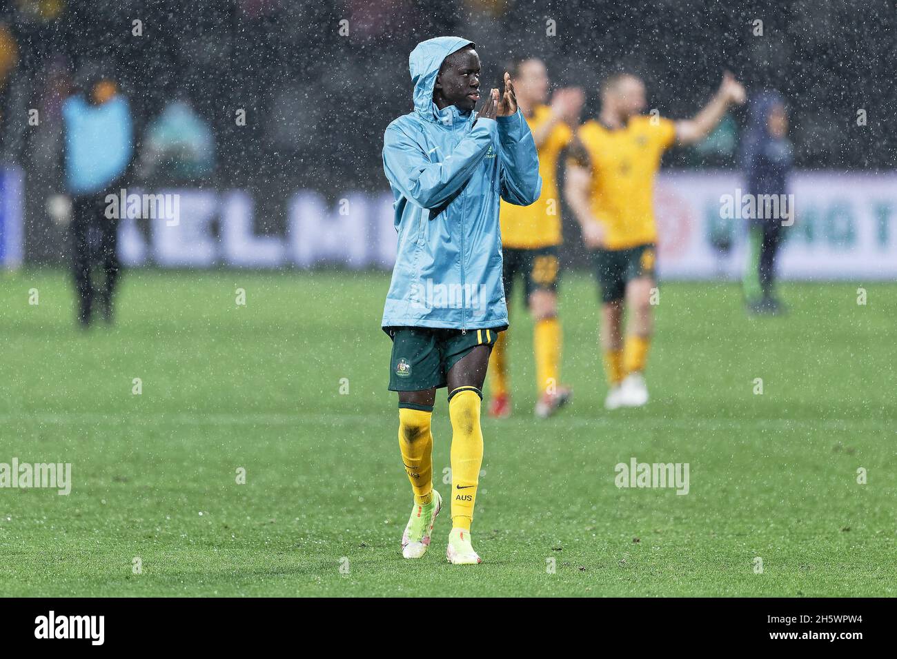 Sydney, Australia. 11th Nov, 2021. AWER MABIL of the Australian Socceroos thanks the crowd after the World Cup Qualifier football match between Australia Socceroos and Saudi Arabia on November 11, 2021 at CommBank Stadium in Sydney, Australia Credit: IOIO IMAGES/Alamy Live News Stock Photo
