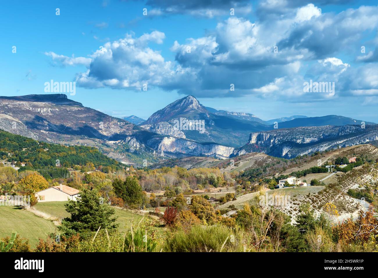 'Robion' Mountain, located near Castellane, in the French department of the Alpes-de-Haute-Provence in the region of Provence-Alpes-Côte d'Azur. Stock Photo