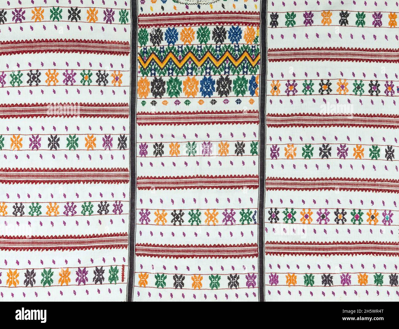 Detail of a huipil (women's blouse-type garment) constructed from 3 panels of hip-strap loom woven fabric. Traditional / everyday costume of the Mixtec communities of Oaxaca, Mexico. In Mixtec, the huipil is also called 'Shiku lestu'. Stock Photo