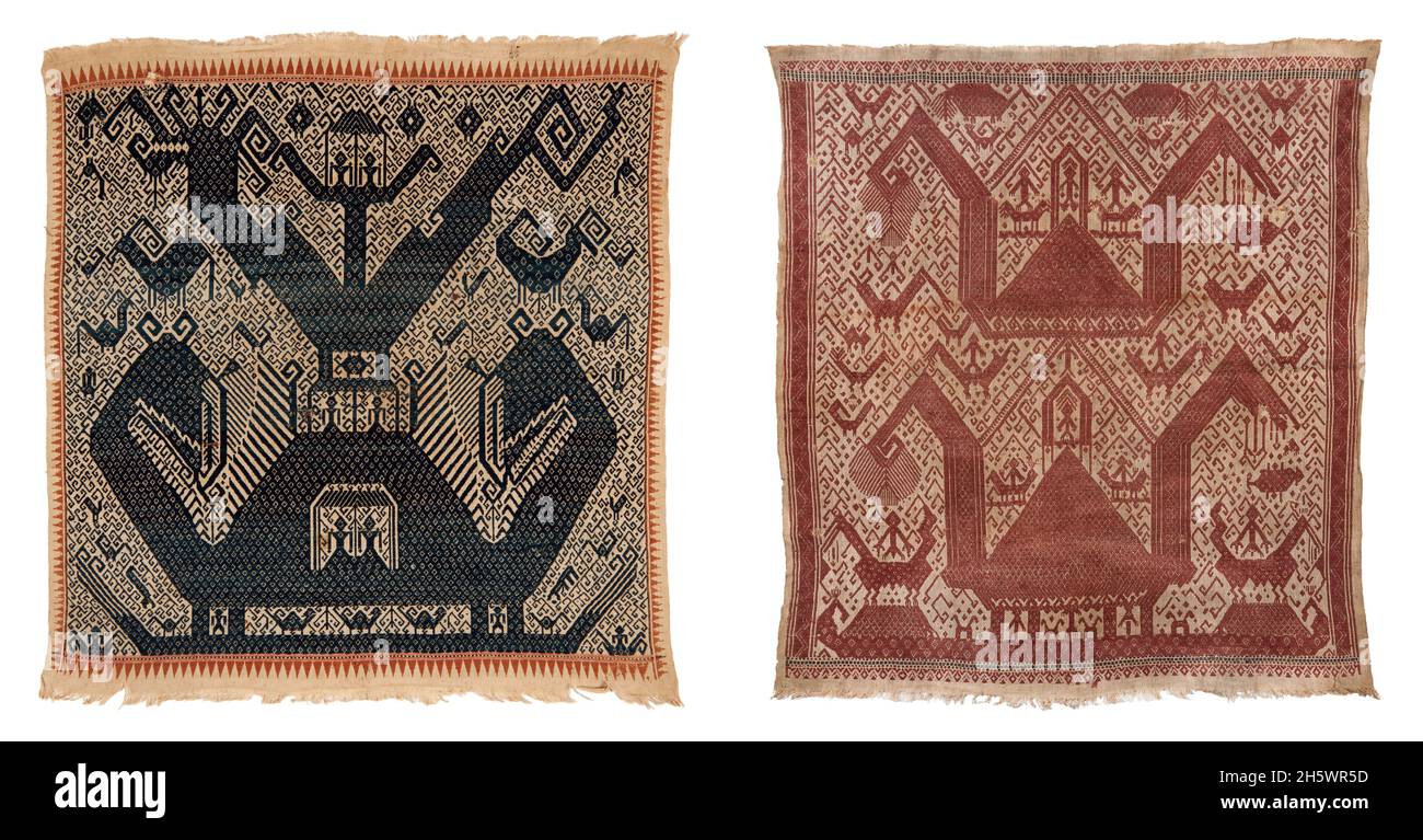 Pair of ceremonial 'shipcloth' textiles, C19th, Lampung, Sumatra. Tampan were used for rites of passage ceremonies, as the focal point for ritual meals, the seat for elders overseeing traditional law, and tied to newly-built houses. Those woven in blue depict the secular realm; in red, the sacred. Examples from the mountainous interior show stylised natural or domestic subjects and geometric designs, while those from the coast (tampan pasisir) display richly detailed scenes of ships and other motifs. The ship, the main motif, symbolises movement, appropriate to the rites of passage rituals. Stock Photo