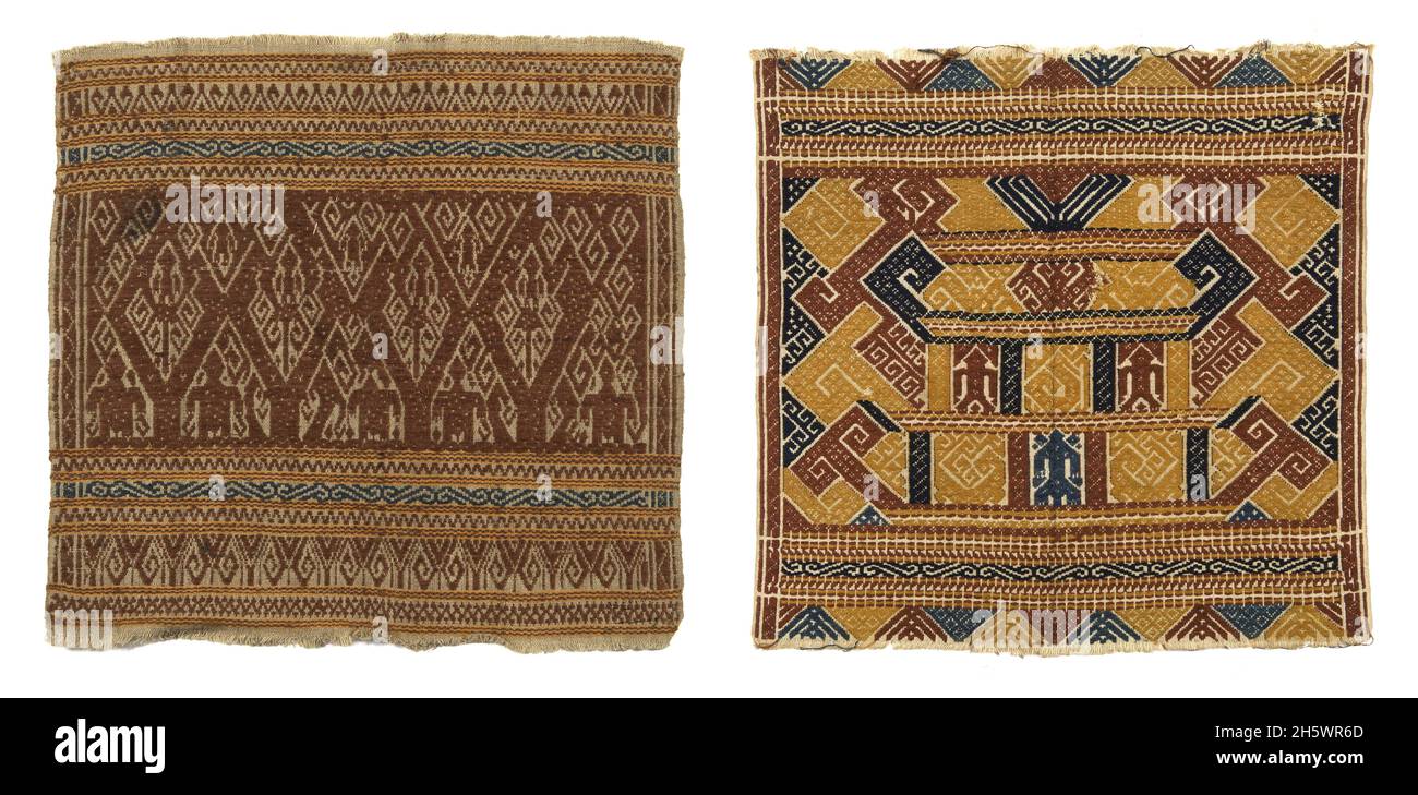 Pair of ceremonial textiles, C19th, Lampung, Sumatra. Tampan were used for rites of passage ceremonies, as the focal point for ritual meals, the seat for elders overseeing traditional law, and tied to newly-built houses. Examples from the mountainous interior show stylised natural or domestic subjects and geometric designs, while those from the coast (tampan pasisir) display richly detailed scenes of ships and other motifs. The ship, the main motif, symbolises movement, appropriate to the rites of passage rituals. Stock Photo