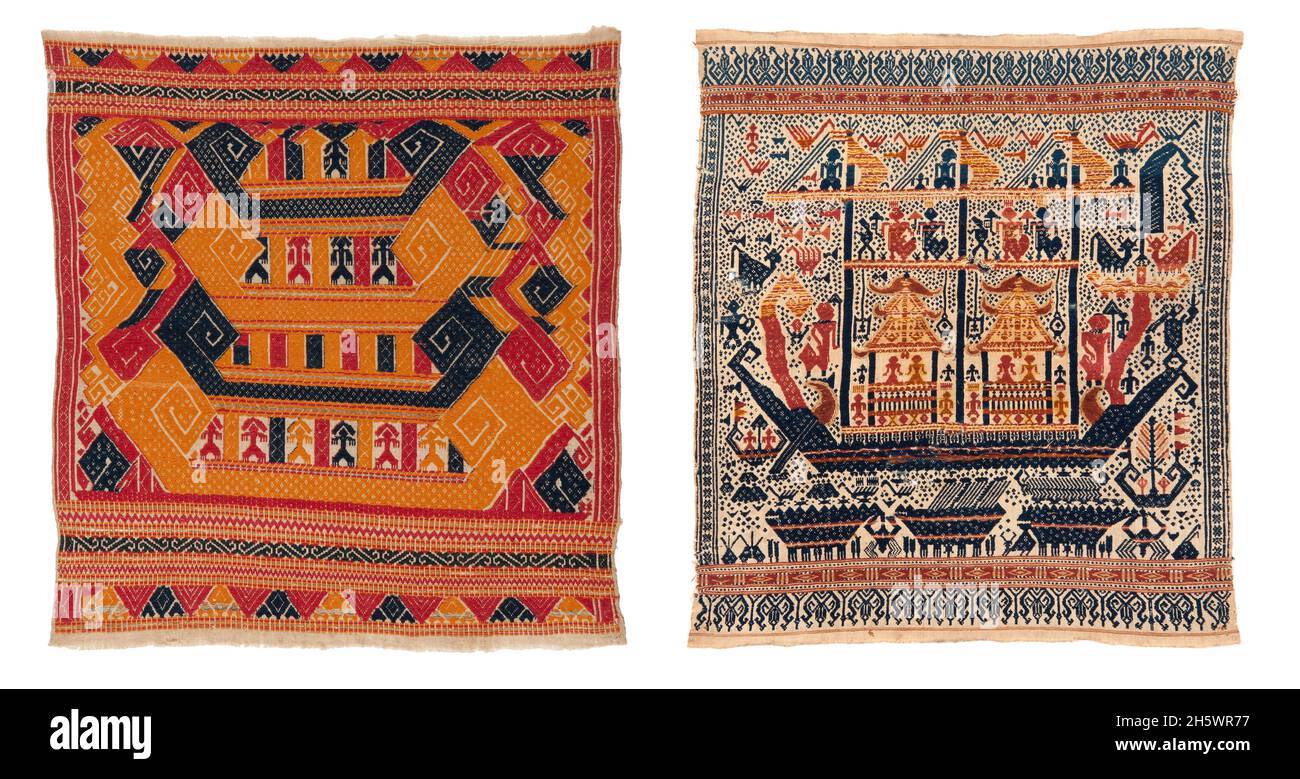 Pair of ceremonial 'shipcloth' textiles, C19th, Lampung, Sumatra. Tampan were used for rites of passage ceremonies, as the focal point for ritual meals, the seat for elders overseeing traditional law, and tied to newly-built houses. Examples from the mountainous interior show stylised natural or domestic subjects and geometric designs, while those from the coast (tampan pasisir) display richly detailed scenes of ships and other motifs. The ship, the main motif, symbolises movement, appropriate to the rites of passage rituals. Stock Photo