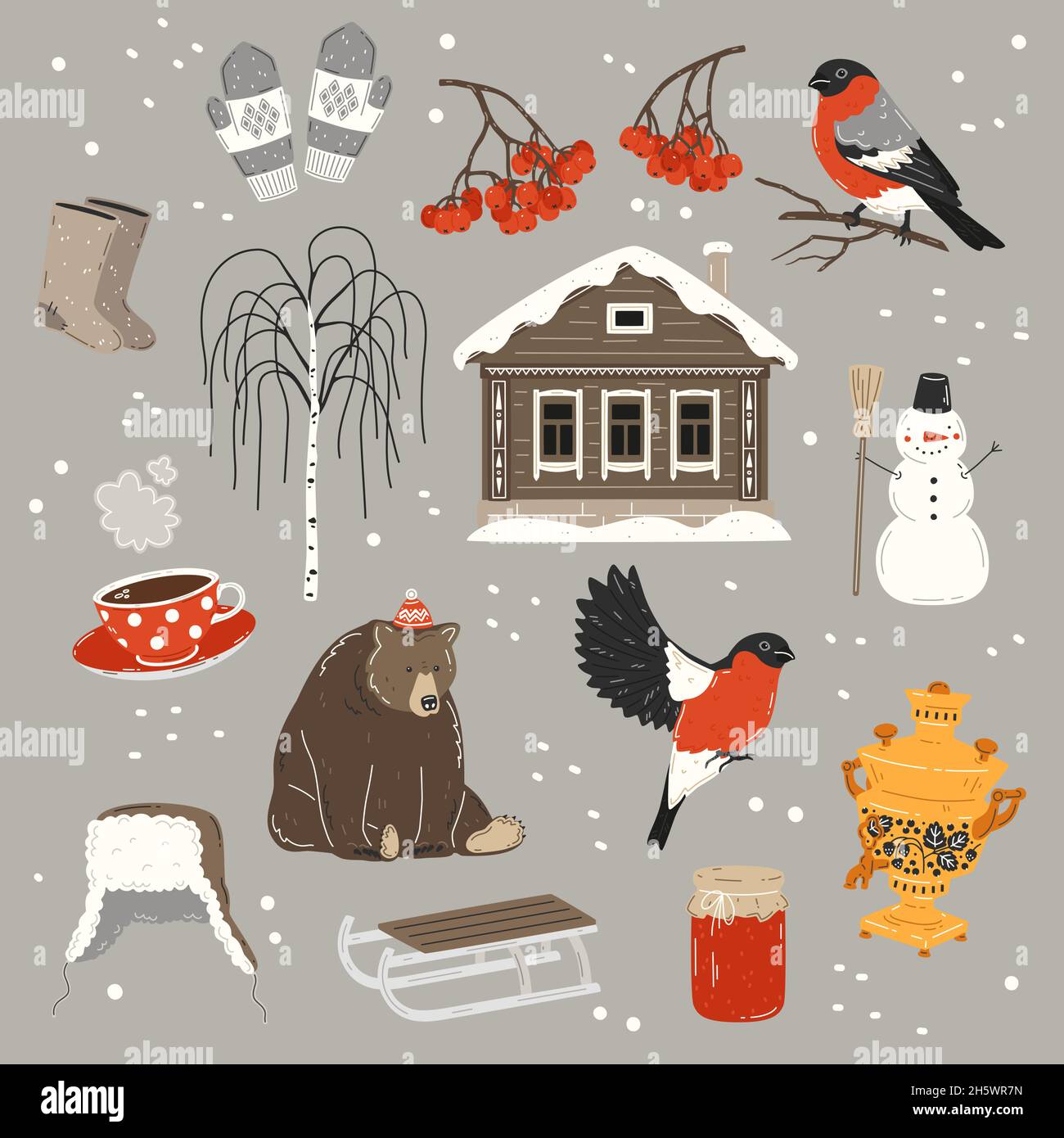 Russian winter, vector set. bullfinch, rowan, valenki, ushanka hat, snowman, samovar, varenye, birch, cup of tea, bear and country house Stock Vector