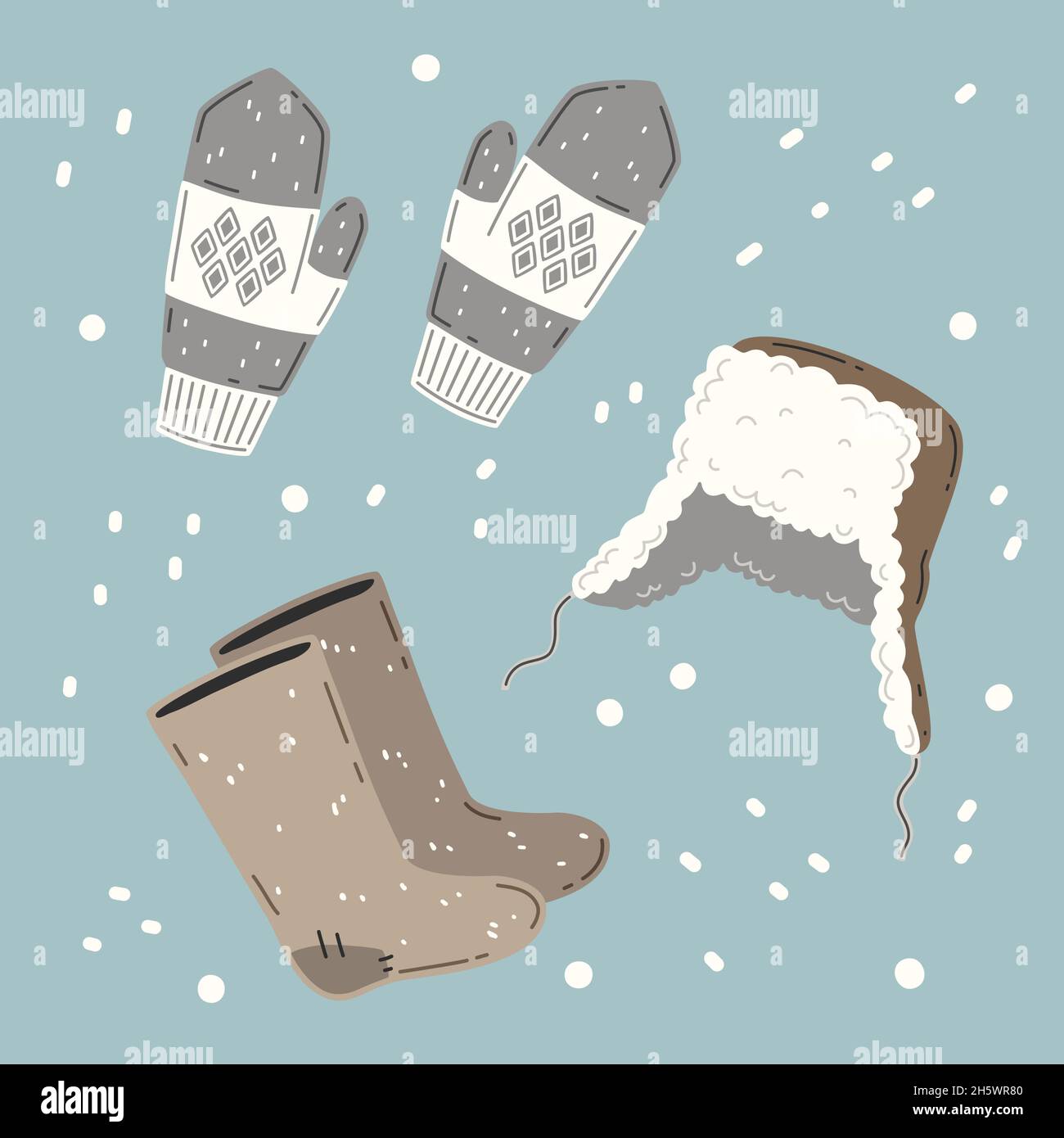 Russian winter clothes - valenki, wool mittens and ushanka hat. Vector set Stock Vector