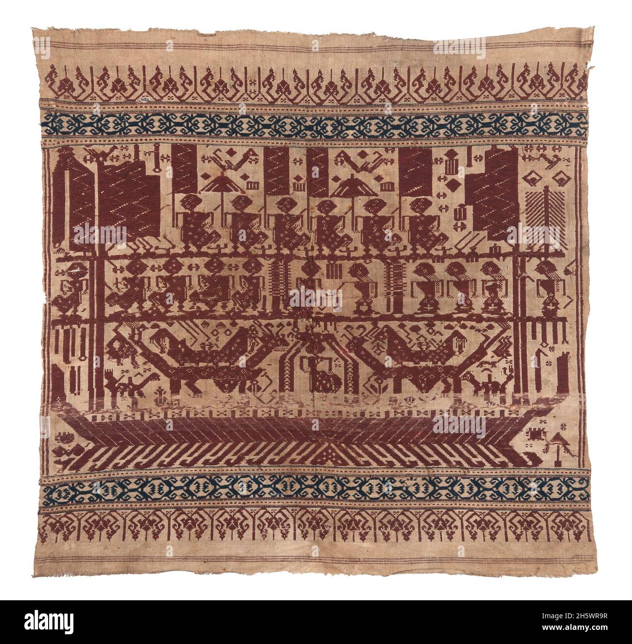 Ceremonial 'shipcloth' textile, C19th, Lampung, Sumatra. Tampan were used for rites of passage ceremonies, as the focal point for ritual meals, the seat for elders overseeing traditional law, and tied to newly-built houses. Examples from the mountainous interior show stylised natural or domestic subjects and geometric designs, while those from the coast (tampan pasisir) display richly detailed scenes of ships and other motifs. The ship, the main motif, symbolises movement, appropriate to the rites of passage rituals. Stock Photo