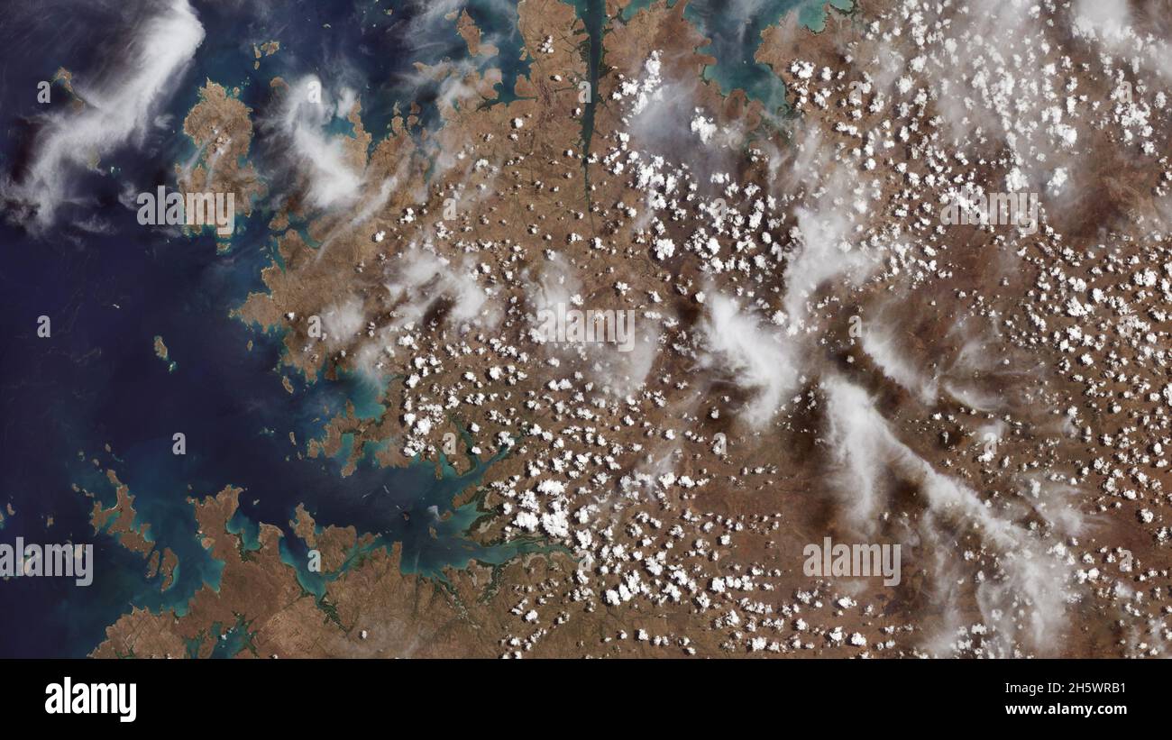 The first image collected by the remote sensing Landsat 9 satellite, on 31 October 2021, showing remote coastal islands and inlets of the Kimberly region of Western Australia. An enhanced version of original Landsat 9 imagery. Credit NASA/USGS Stock Photo