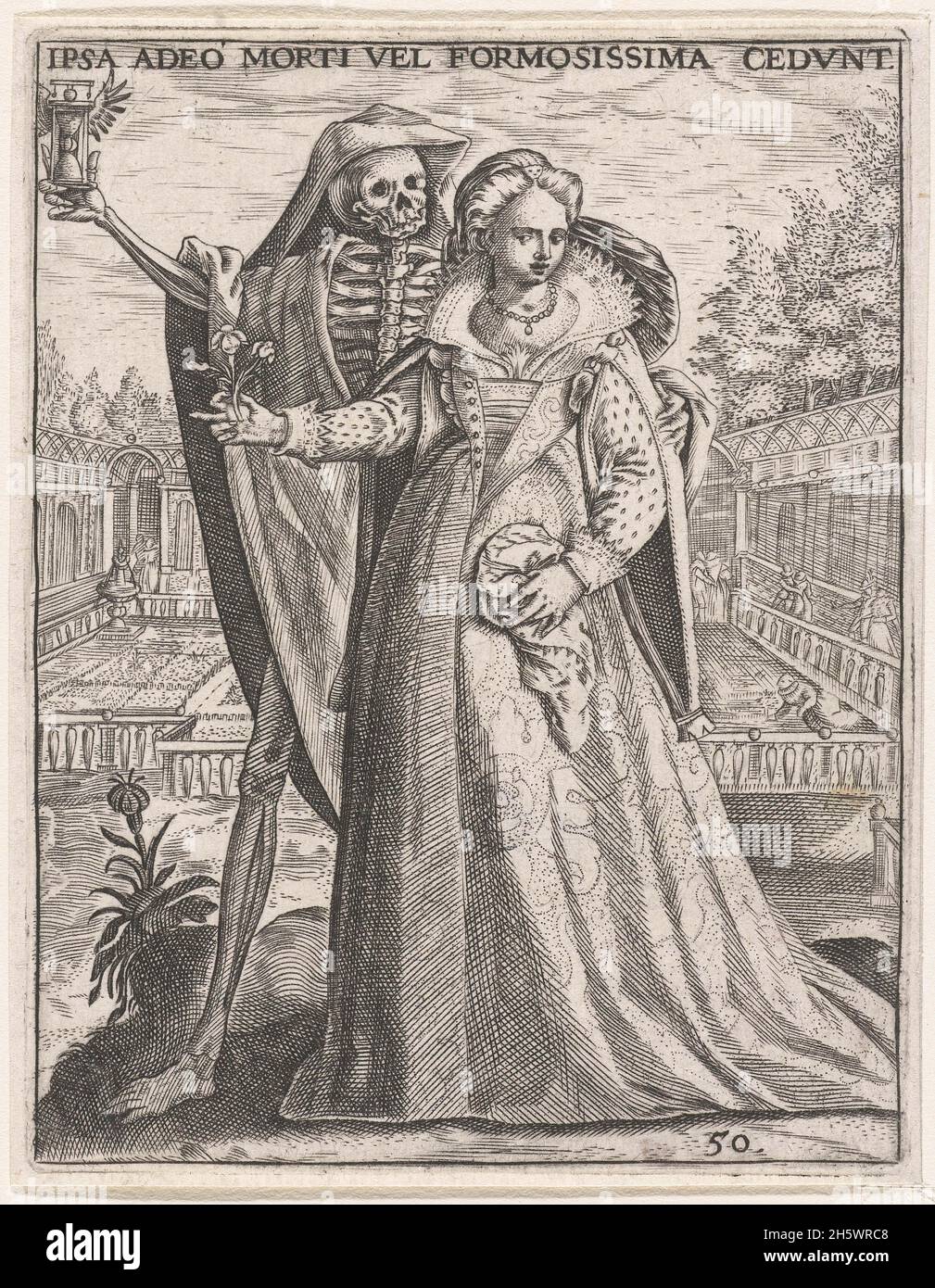 Death comes to pick up the beauty IPSA ADEO MORTI VEL FORMOSISSIMA CEDUNT Emblemata Saecularia, 1596. Everything, even beauty, has to die someday: death, in the guise of a skeleton, stands next to an elegant lady with a flower in her hand, in front of a garden with pergola. He holds out his hourglass to her and leads her into an embrace. by Johann Theodor de Bry, after Crispijn van de Passe, 1596.  A digitally optimised version of an historical ilustration. Stock Photo