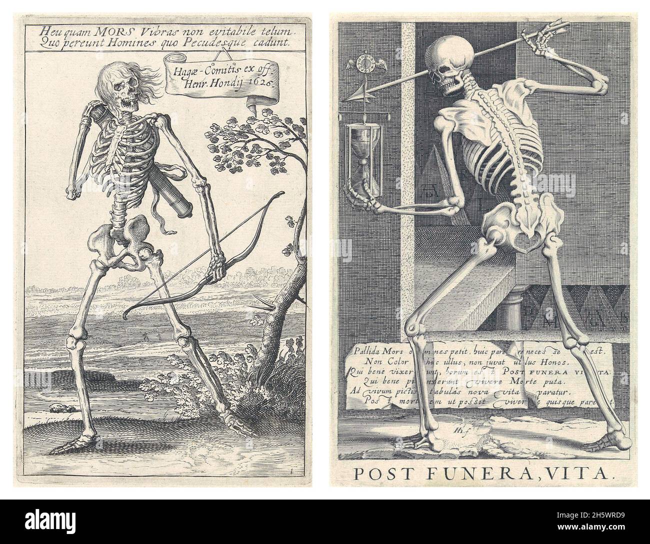 Historical illustrations of skeletons. Left: Death in the form of a skeleton with quiver on back and bow in hand by printmakers Hendrick Hondius I, Andries Jacobsz. Stock & Simon Frisius. Right: Allegory of celebrity after death. Death as a skeleton with an hourglass and an arrow. In the background, monograms of famous, deceased artists. Behind Death six lines in Latin. From the series Pictorum Aliquot Celebrium Praecipuae Germaniae Inferioris Effigies by Hendrick Hondius I, Simon Frisius, Andries Jacobsz. Stock & Robert de Baudous.  A digitally optimised composite of 2 historical images. Stock Photo