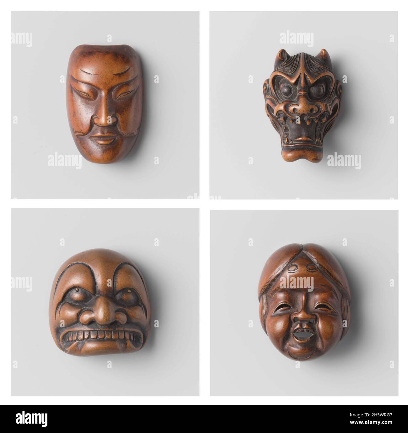 Selection of 4 Japanese wooden netsuke.  Top Left: 18th century.  Top right, 19th century.  Bottom Left: Mask of a demon. Signed 'ransen'. 1800-1850 Bottom right: 18th century possibly by Shuzan.  A netsuke is a miniature sculpture, originating in 17th century Japan. Initially a simply-carved button fastener on the cords of an inro box (small case suspended from sash holding a kimono.) Stock Photo
