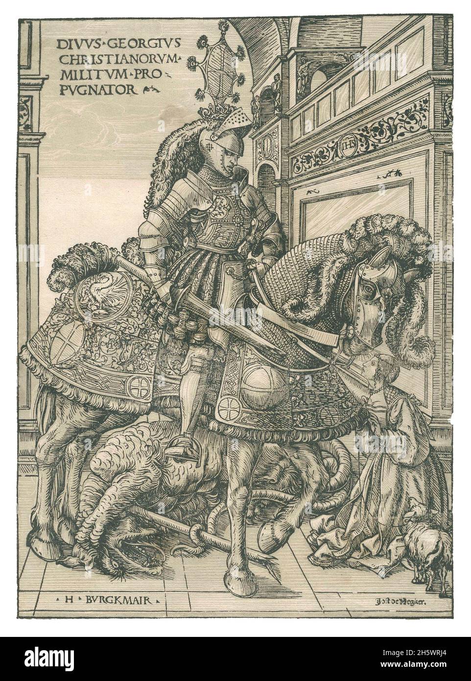 Saint George with the Princess and the Slain Dragon. This scene of St. George and the dragon is the earliest known chiaroscuro woodcut. This print was signed by Hans Burgkmair from Augsburg and the block-cutter Jost de Negker from Antwerp. 1508  An optimised and enhanced digital version of an historical print. Stock Photo