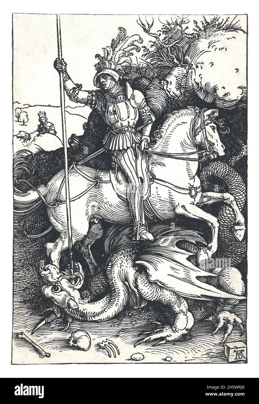 Saint George Slaying the Dragon The influence exerted by the emerging Renaissance art affected the depiction of Saint George. If the saint was usually represented as a knight in armour at the end of the 15th century, his costume took on classic Roman features in the 16th century.  An optimised and enhanced digital version of an historical print. Stock Photo