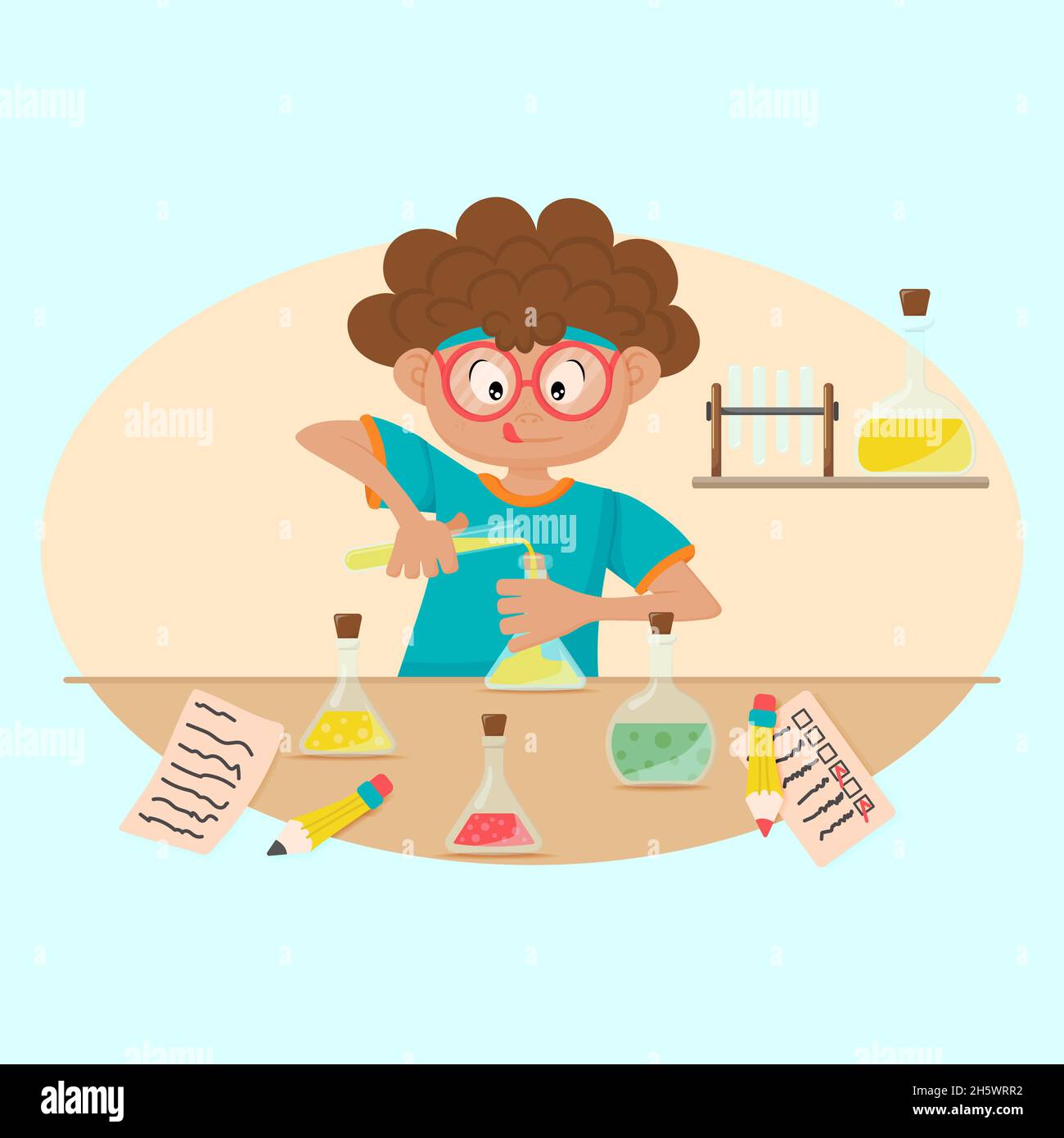 KId doing chemical experiment. Home experiments illustration. Stock Vector