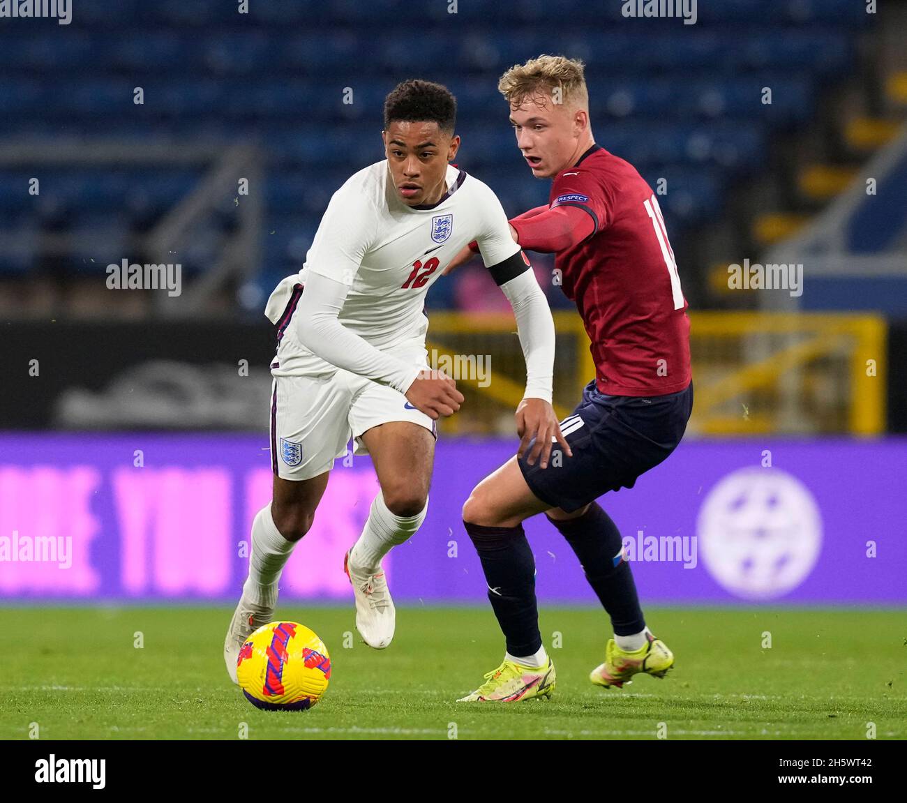 Prague, Czech Republic. 3rd May, 2023. OSCAR DORLEY of Slavia Praha fights  for the ball with Sparta's ADAM KARABEC (L) during Czech Cup of 2022-2023  at May 03, 2023, in Prague as