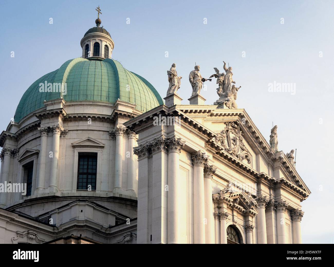 Facade and dome of Cathedral of Santa Maria Assunta; Brescia; Italy,2021. Stock Photo