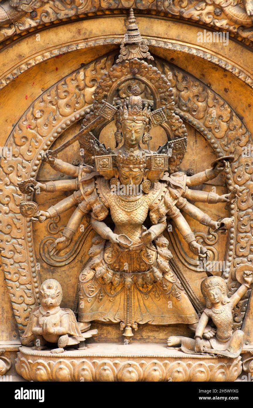 Repoussee brass ornamentation of the Golden Gate (Sun Dhoka) at Durbar Square, Bhaktapur, Kathmandu Valley Stock Photo