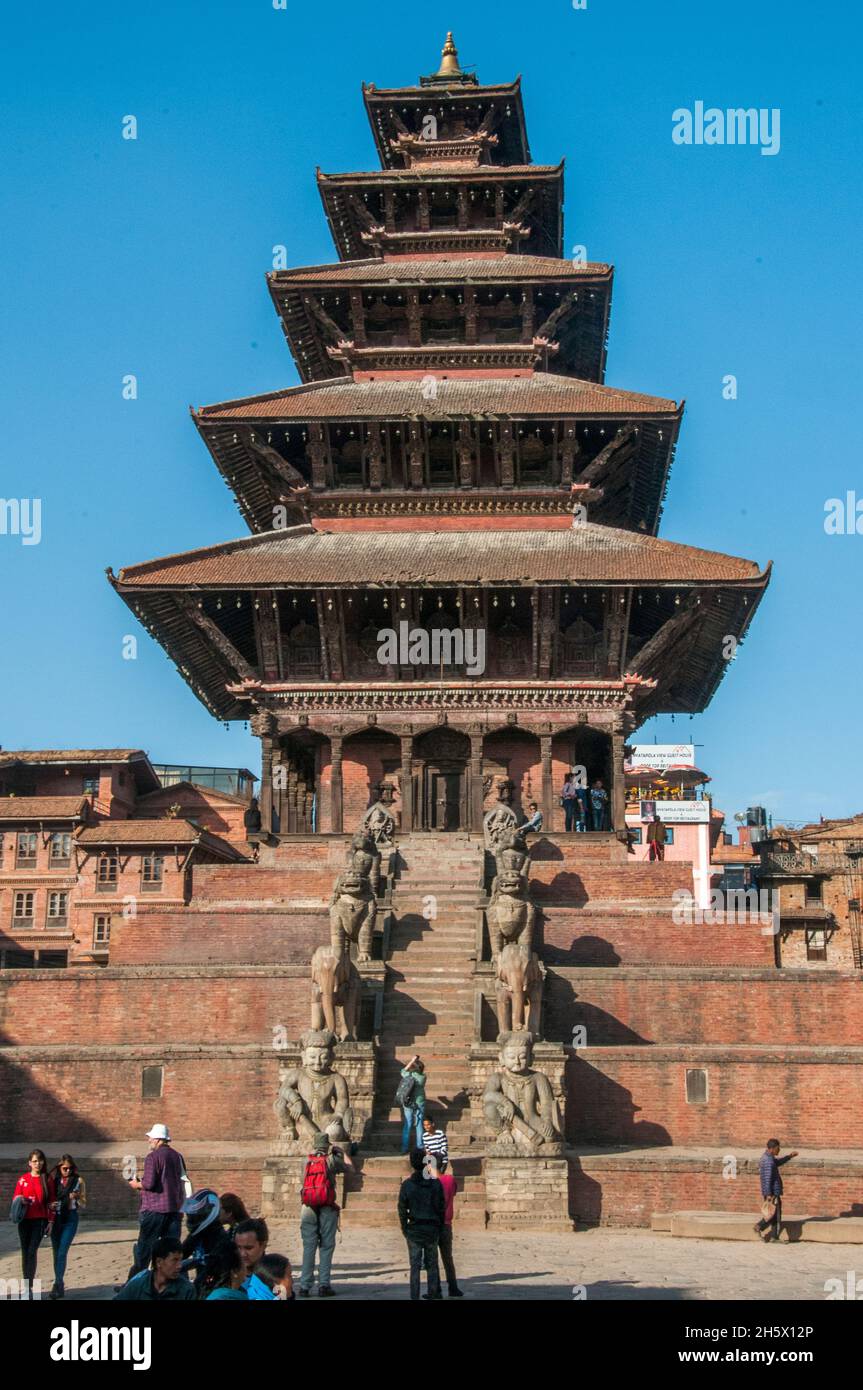 Five-tiered Nyatapola Temple (early 18th c.) in the ancient city of Bhaktapur, Kathmandu Valley, Nepal. Completely restored in 2020. Stock Photo