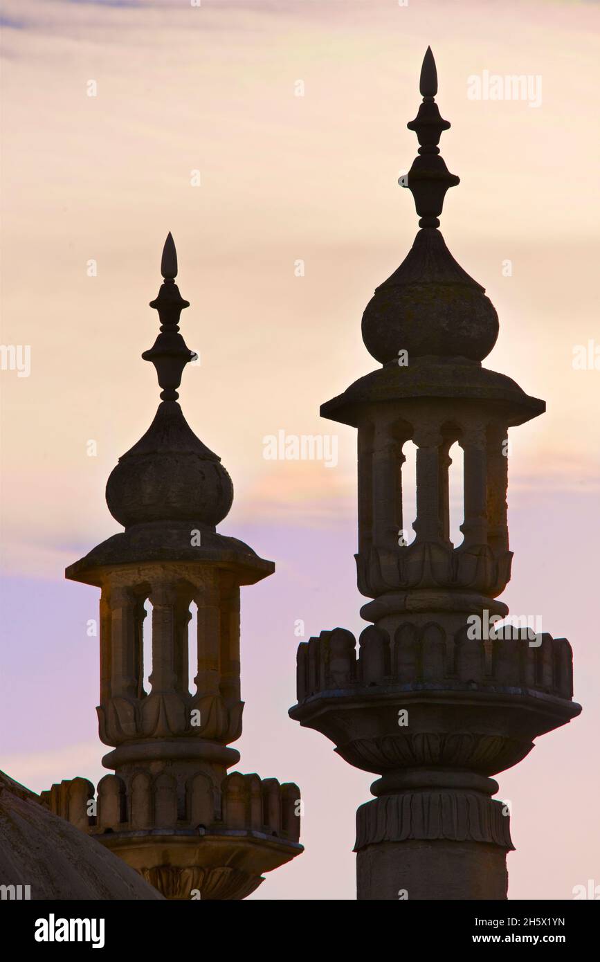 Ornate Georgian period, Indian-inspired roof architecture of Brighton's Royal Pavilion, Brighton. Brighton, East Sussex, England, UK. Minarets Stock Photo