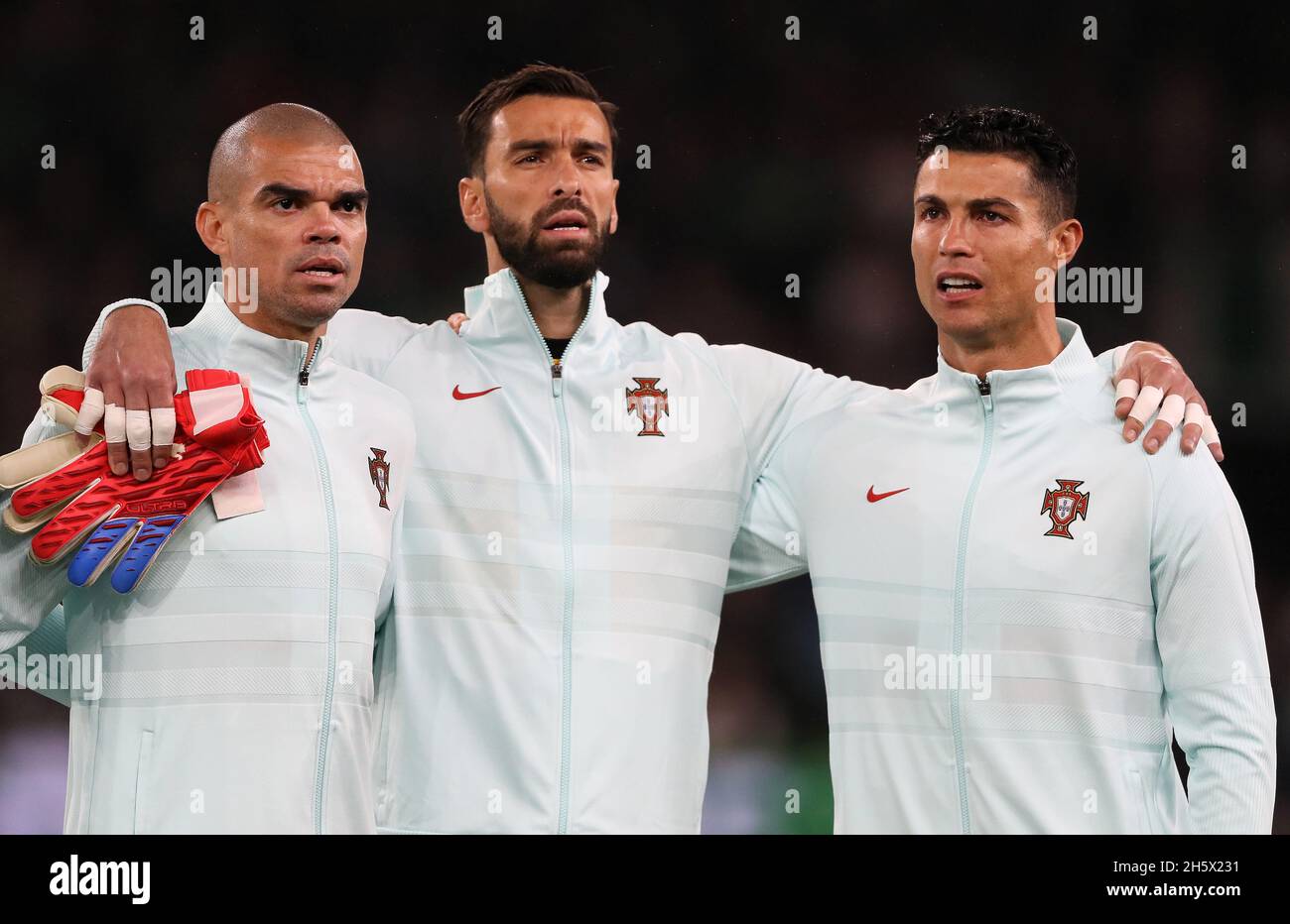 Portugal's Pepe (left), Rui Patricio (centre) and Cristiano Ronaldo before the FIFA World Cup Qualifying match at the Aviva Stadium, Dublin. Picture date: Thursday November 11, 2021. Stock Photo
