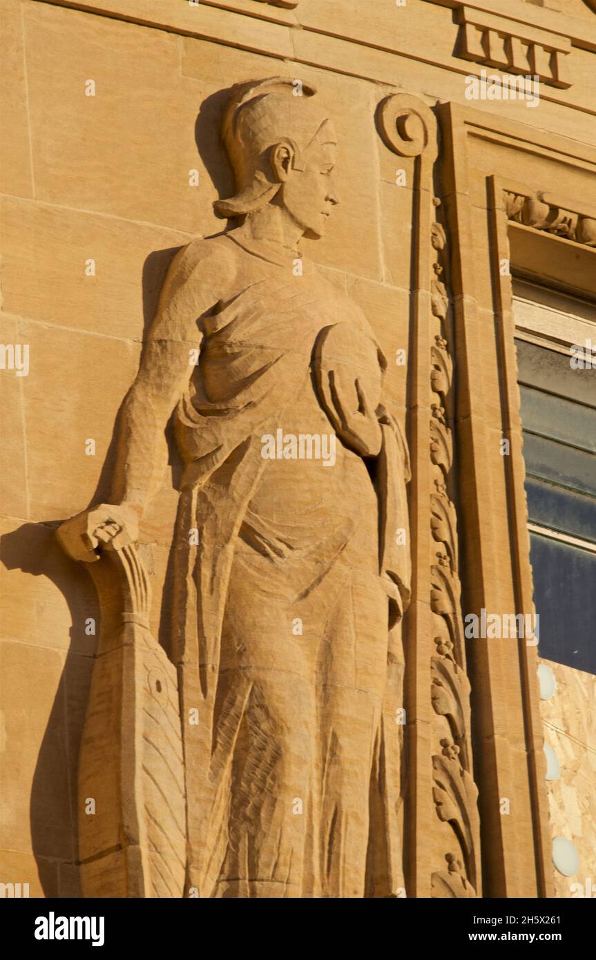 Stone carved bas relief decoration of likely 'Navigation' on the 1905 Godfrey Pinkerton Listed Building facade of the National Westminster Bank on the corner of Pavilion Buildings and North Street, Brighton, East Sussex, England, UK. The concentration of bank buildings along North Street is a particular feature of the area; identified by Antram & Morrice as giving North Street Ôits architectural style' and contrasting with other parts of the city centre. The first bank in Brighton was opened at 103 North Street in 1787. Stock Photo