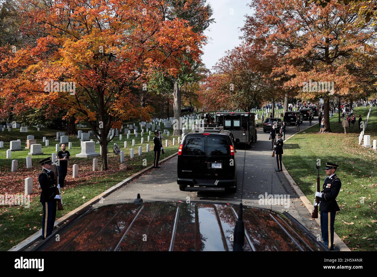 The Presidential Motorcade carrying President Joe Biden heads towards the Arlington National Cemetery to participate in a Presidential Armed Forces Full Honor Wreath-Laying Ceremony on the 100th anniversary of the Tomb of the Unknown Soldier in Arlington, Virginia, U.S., on Thursday, Nov. 11, 2021. 2021 marks the centennial anniversary of the Tomb of the Unknown Soldier, providing a final resting place for one of America's unidentified World War I service members, and Unknowns from later wars were added in 1958 and 1984. Photographer: Oliver Contreras/Bloomberg Credit: Oliver Contreras/Pool Stock Photo
