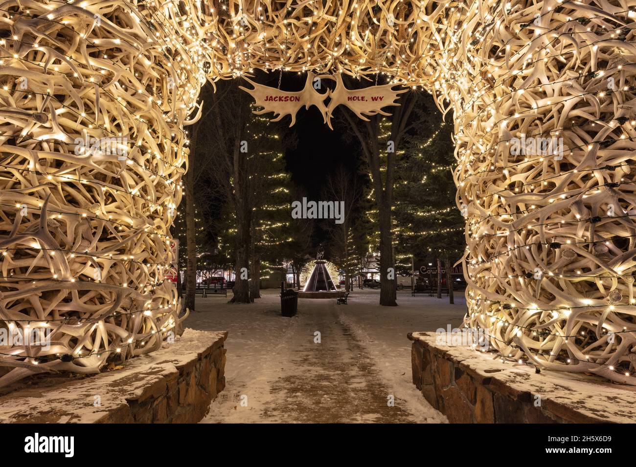 Holiday lights on Antler Arch in Jackson Hole, Wyoming Stock Photo
