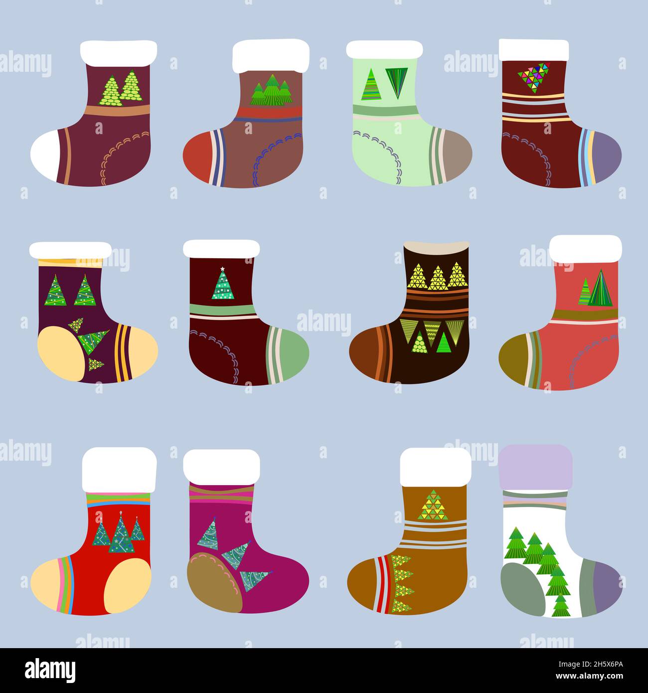 Set of Christmas socks decorated with Christmas trees Stock Vector